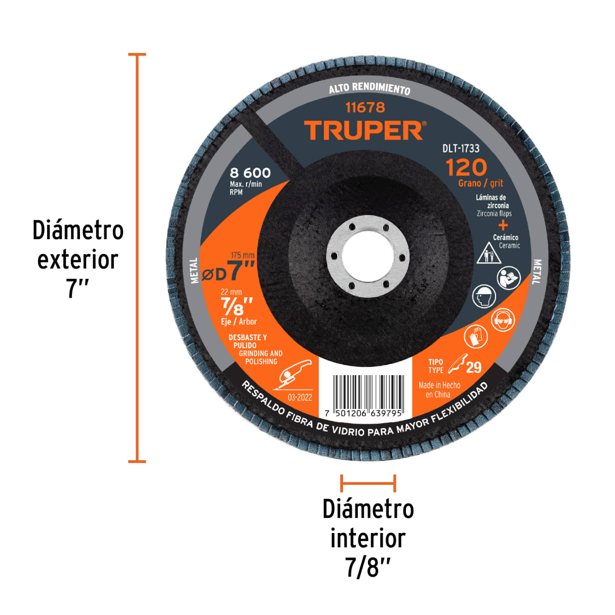 Disco flap 7´´ grano 120 centro 7/8´´, Truper3