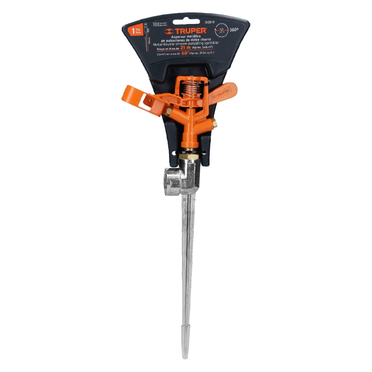 Aspersor metálico doble chorro, una vía, estaca de 11´´, Truper3