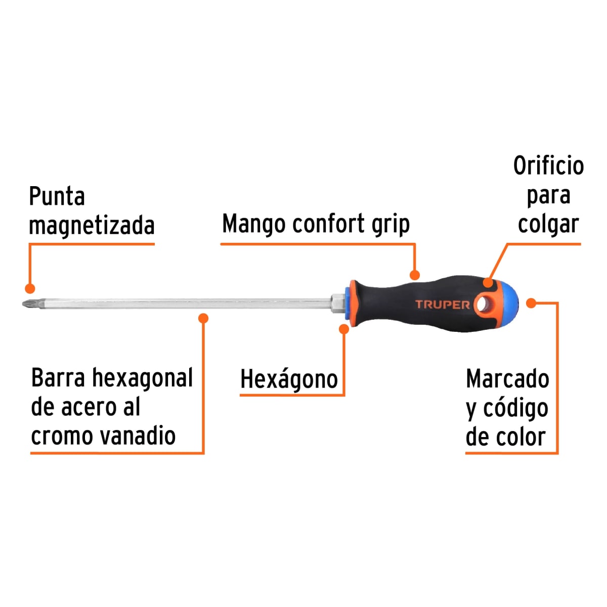 Desarmador de cruz 1/4'' x 8'' mango comfort grip. truper2