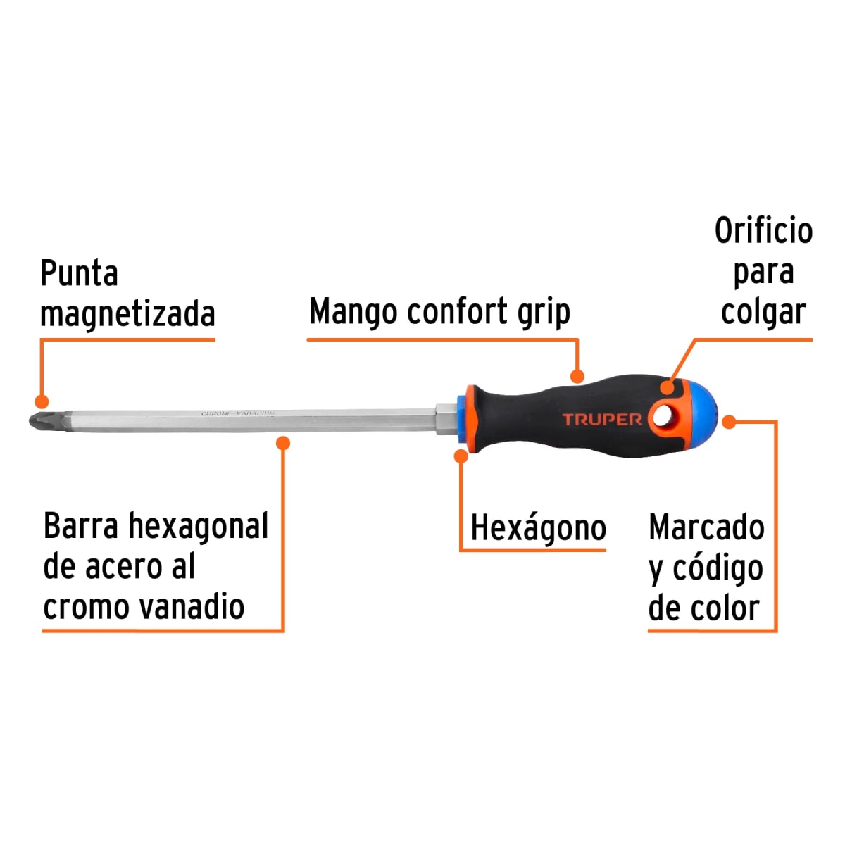 Desarmador de cruz 3/8'' x 8'' mango comfort grip. truper2
