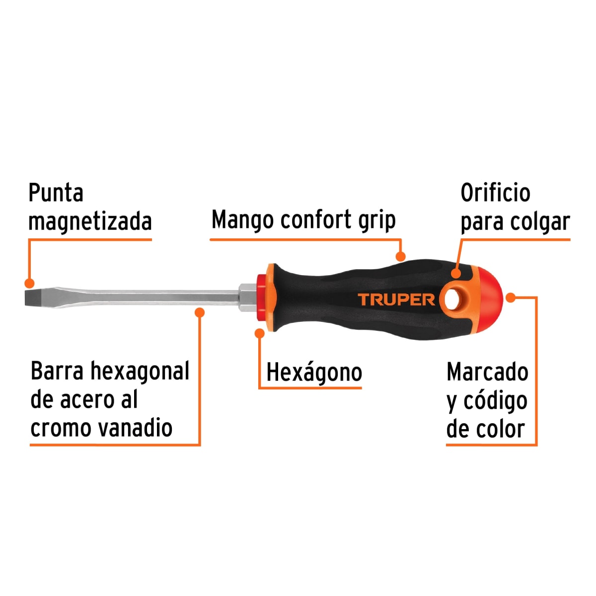 Desarmador plano 1/4'' x 4'' mango comfort grip. truper2