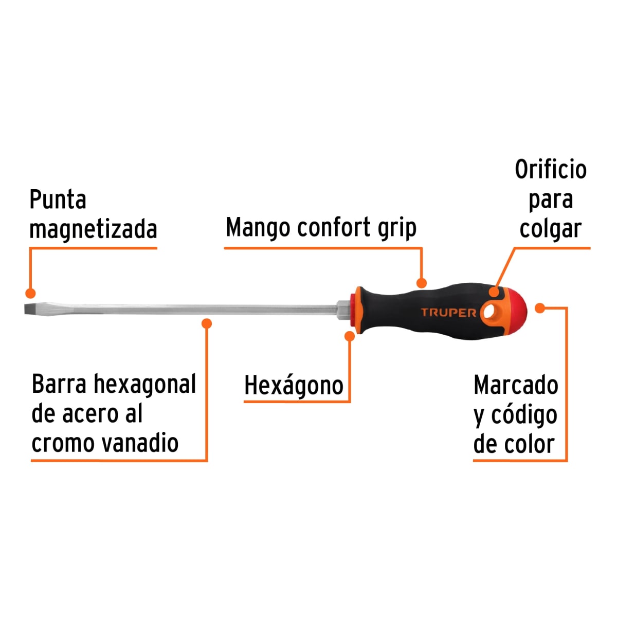 Desarmador plano 1/4'' x 8'' mango comfort grip. truper2