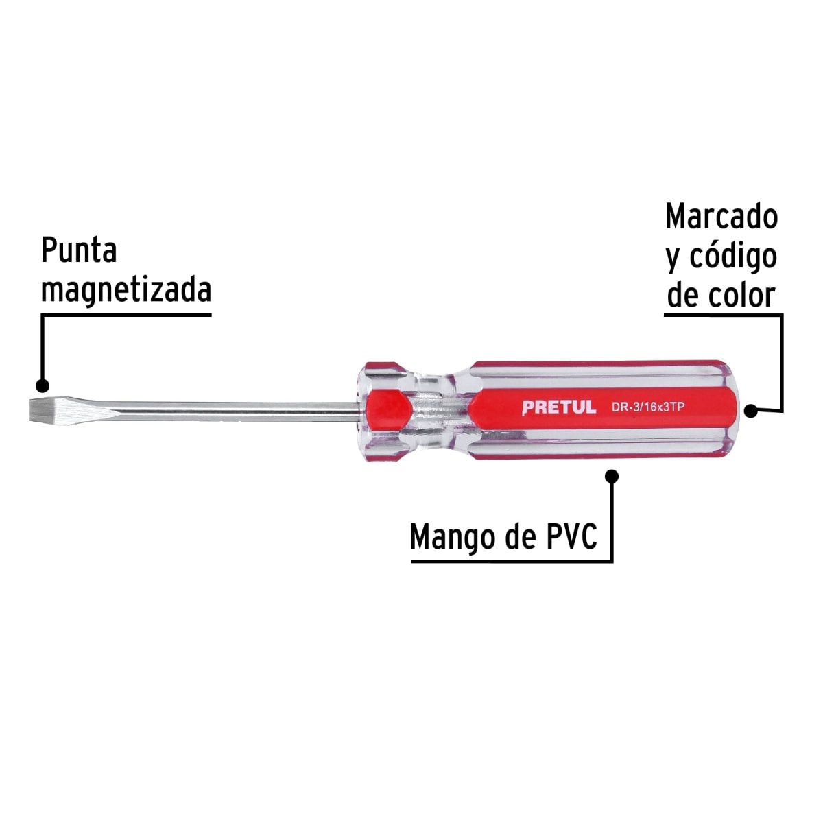Desarmador plano 3/16 x 3´´ mango de PVC, Pretul2