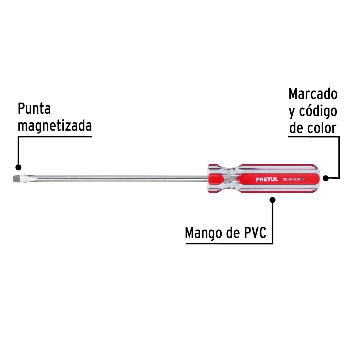 Desarmador plano 3/16 x 6´´ mango de PVC, Pretul2