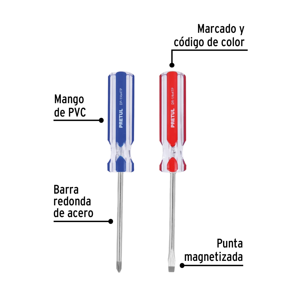Dúo de desarmadores 1/4 x 4´´ mango de PVC, Pretul4