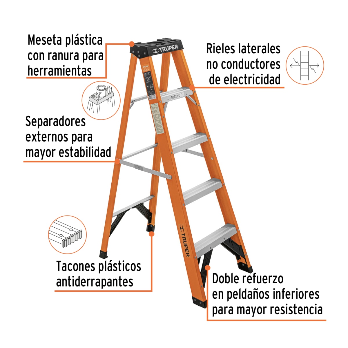 Escalera fibra de vidrio tipo tijera 4 peldaños truper4