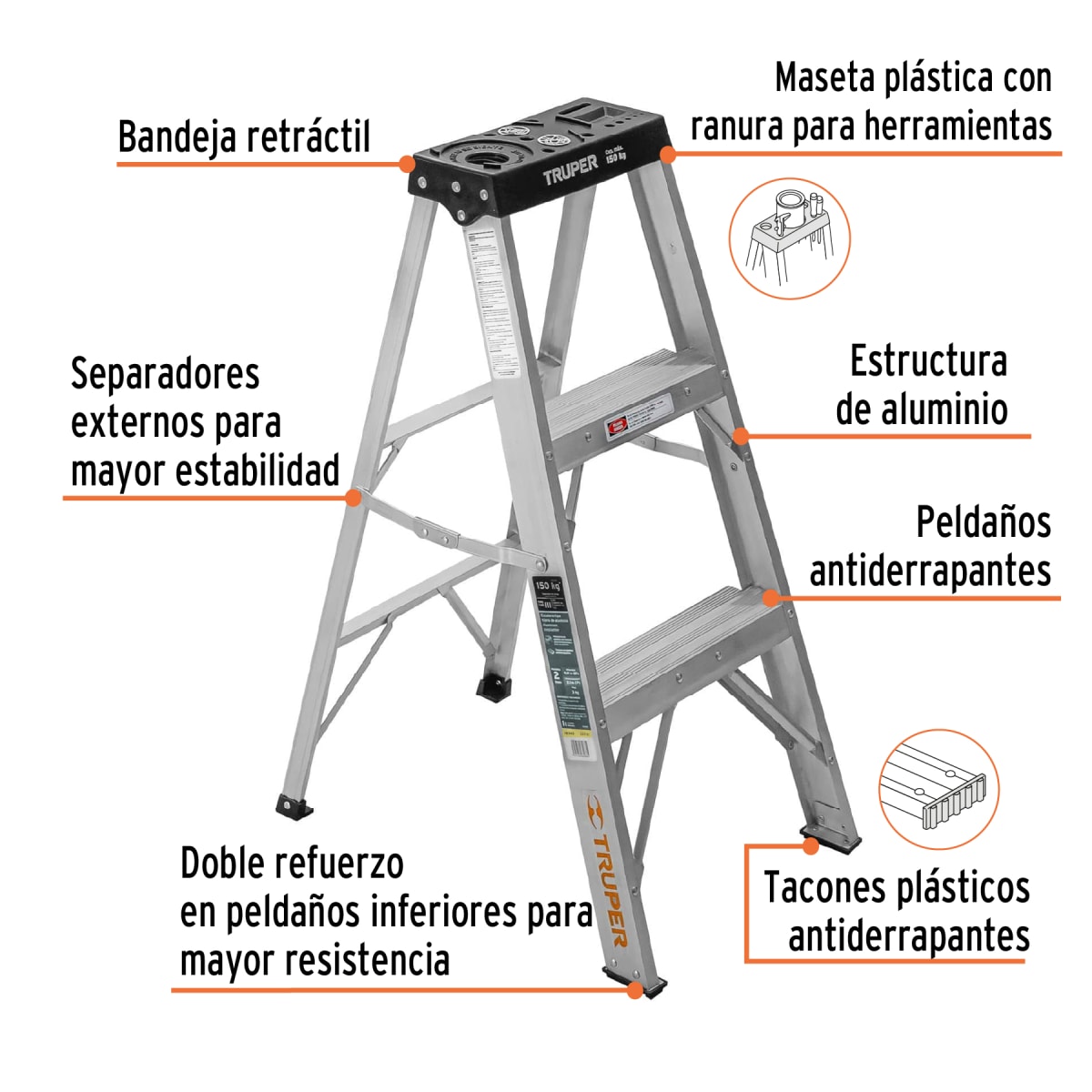 Escalera Tipo Tijera 2 Peldaños Soporta 150 Kg Truper3