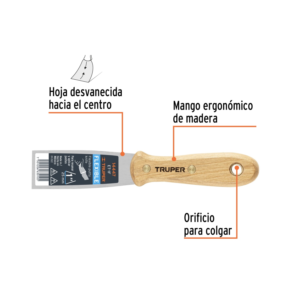 Espátula flexible 1´´ con mango de madera, Truper2