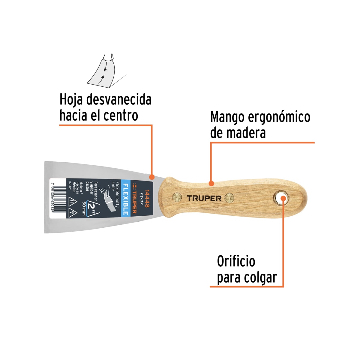 Espátula flexible 2'' con mango de madera Truper2