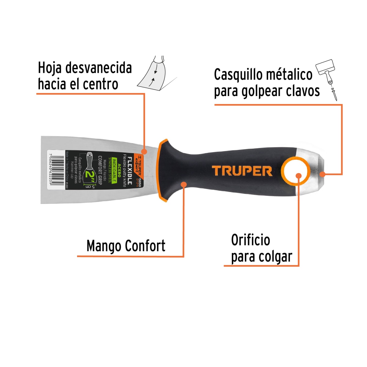Espátula flexible 2'' acero inox. mango Comfort Grip, Expert Truper2