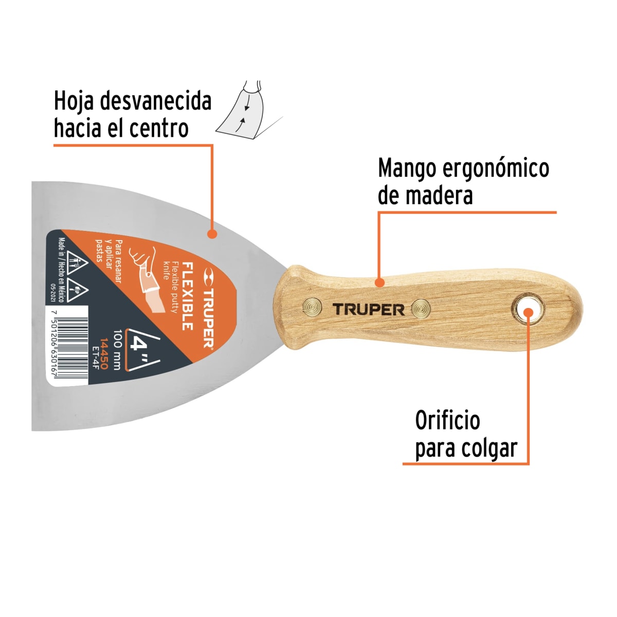 Espátula flexible 4'' con mango de madera Truper2