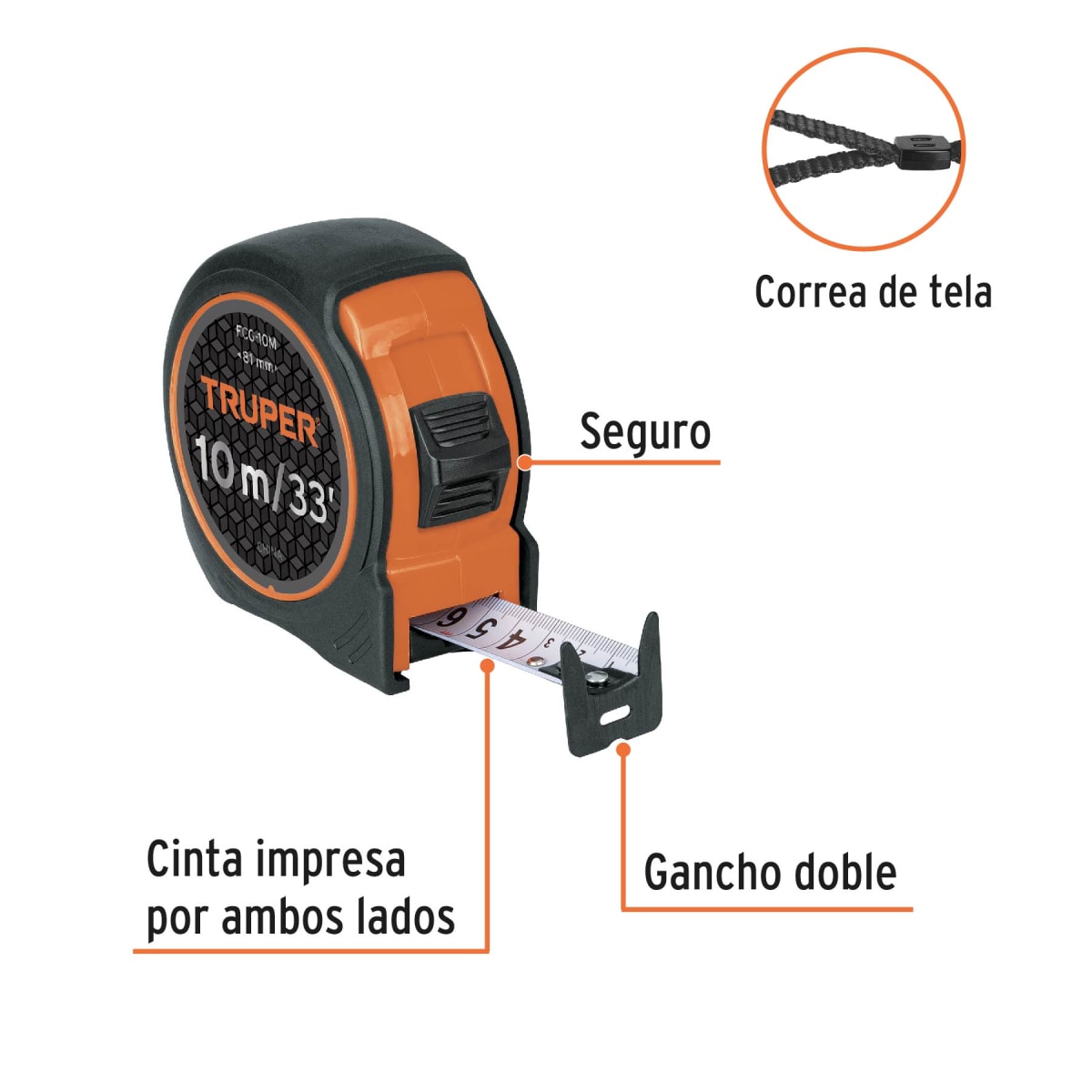 Flexómetro compacto 10 m con grip, cinta 25 mm, Truper2