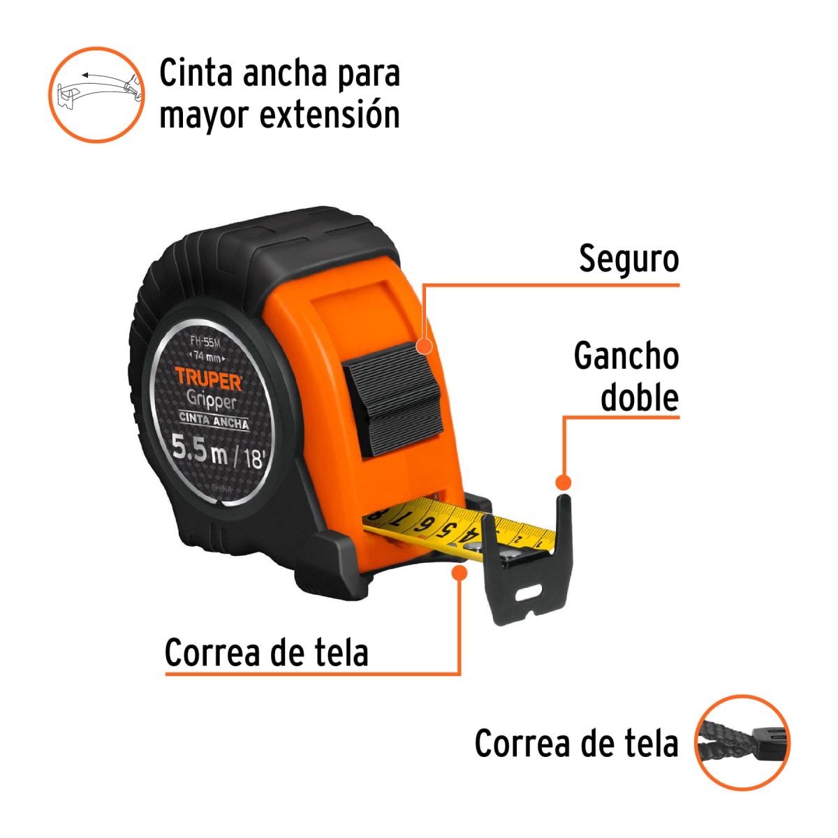 Wincha gripper contra impactos 5.5 m cinta 25 mm Truper2