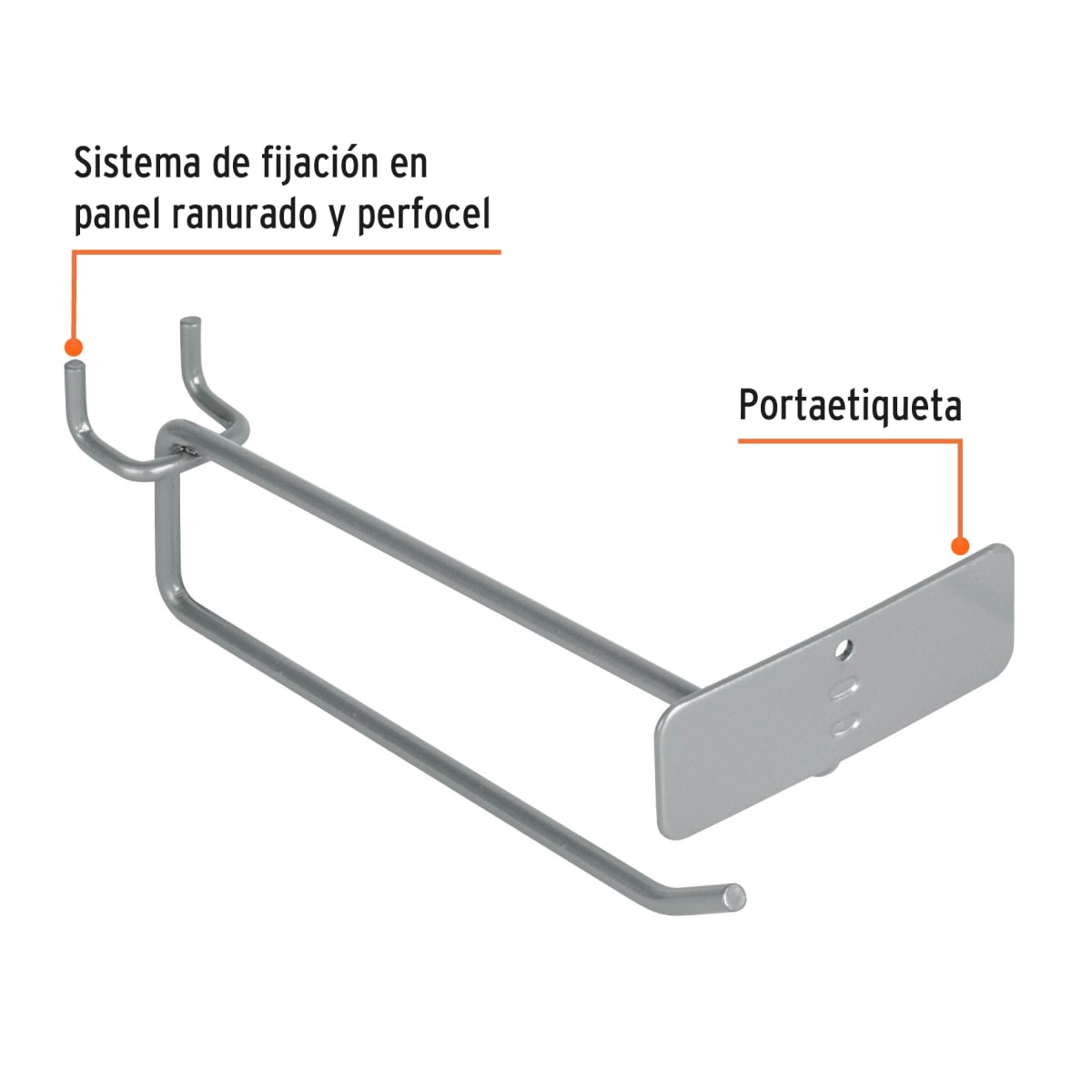 Gancho recto 6´´ con portaetiqueta para perfocel y ranurado Truper2