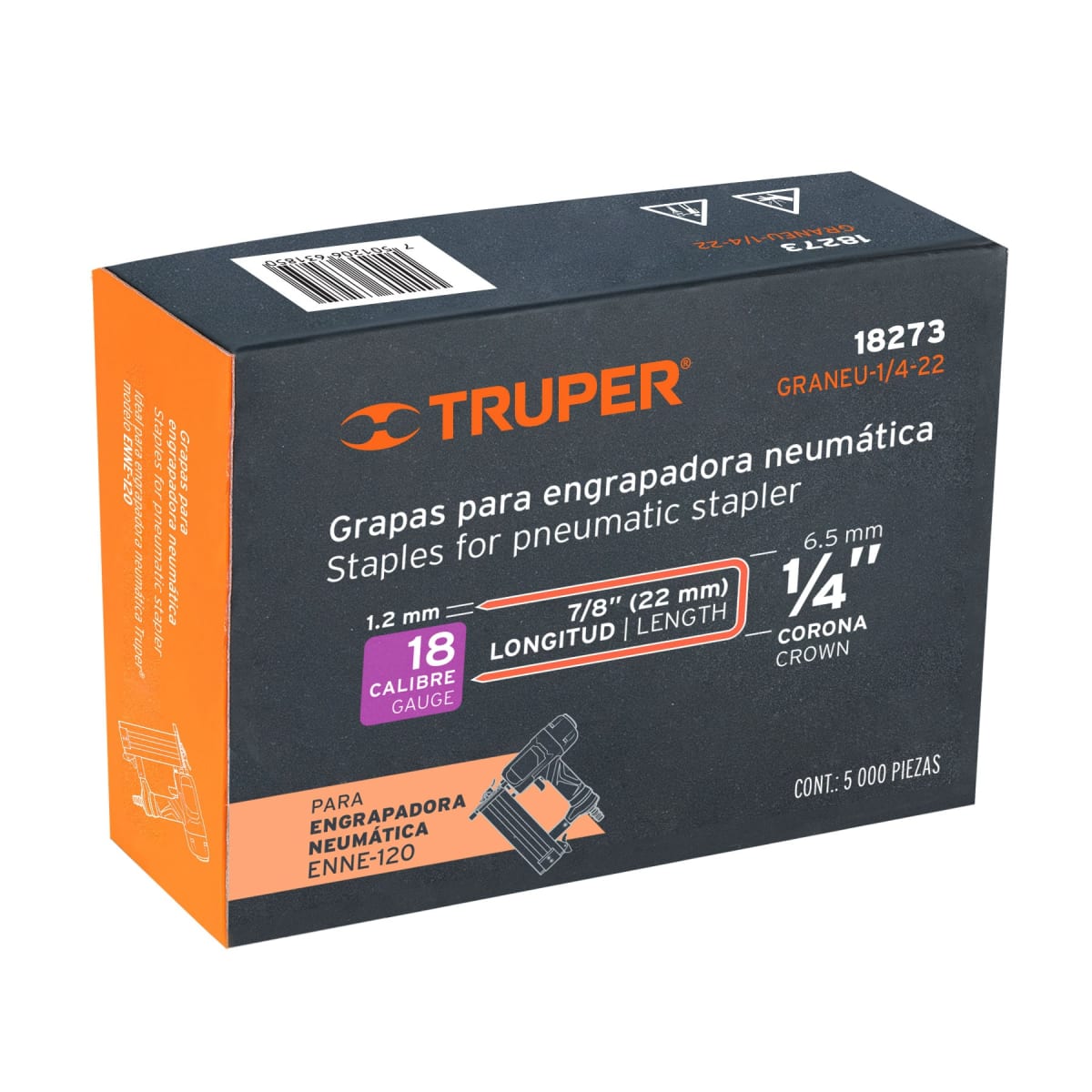 Caja con 5000 grapas corona 1/4´´ calibre 18, 22mm p/ENNE-120 Truper5