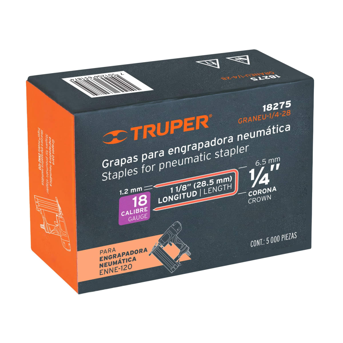 Caja con 5000 grapas corona 1/4´´ calibre 18, 28mm p/ENNE-120 Truper5