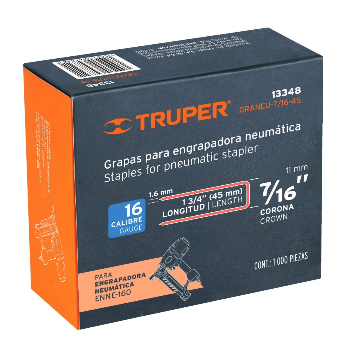 Caja con 1000 grapas corona 7/16´´ cal. 16, 45mm p/ENNE-160 Truper5