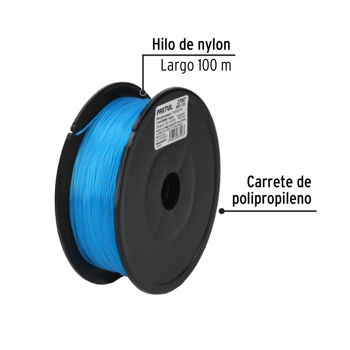 Carrete con 100 m de hilo para pesca azul calibre 1.00 mm Pretul2