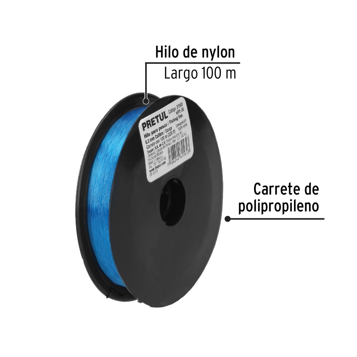 Carrete con 100 m de hilo para pesca azul calibre 0.30 mm Pretul2