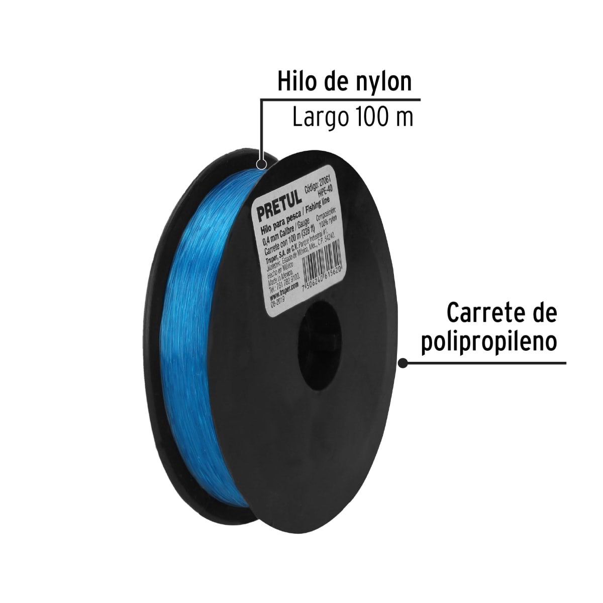Carrete con 100 m de hilo para pesca azul calibre 0.40 mm Pretul2