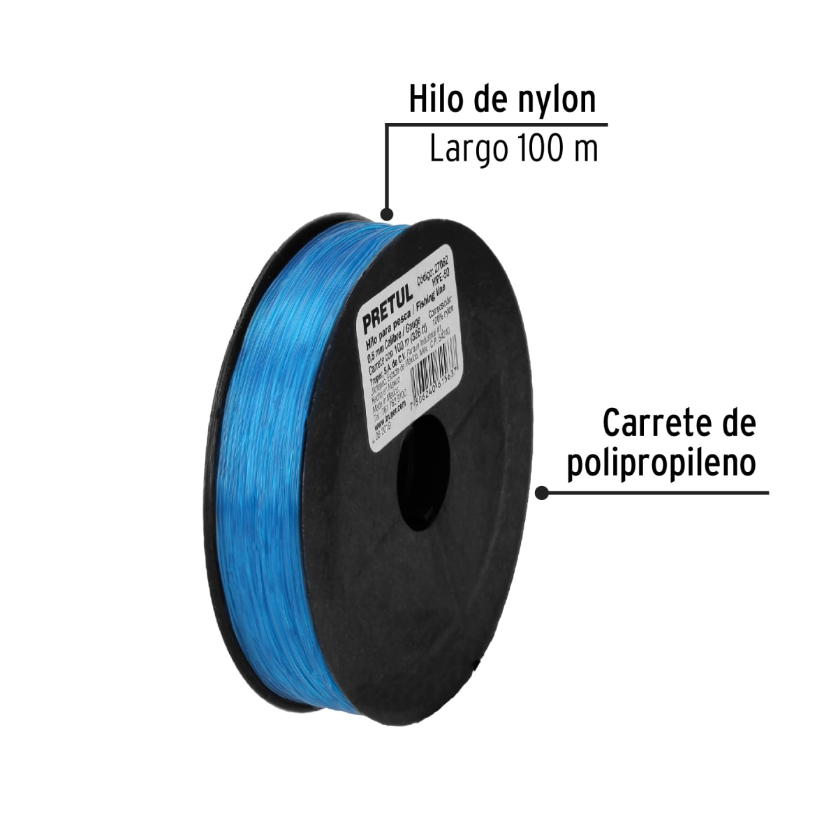 Carrete con 100 m de hilo para pesca azul calibre 0.50 mm Pretul2
