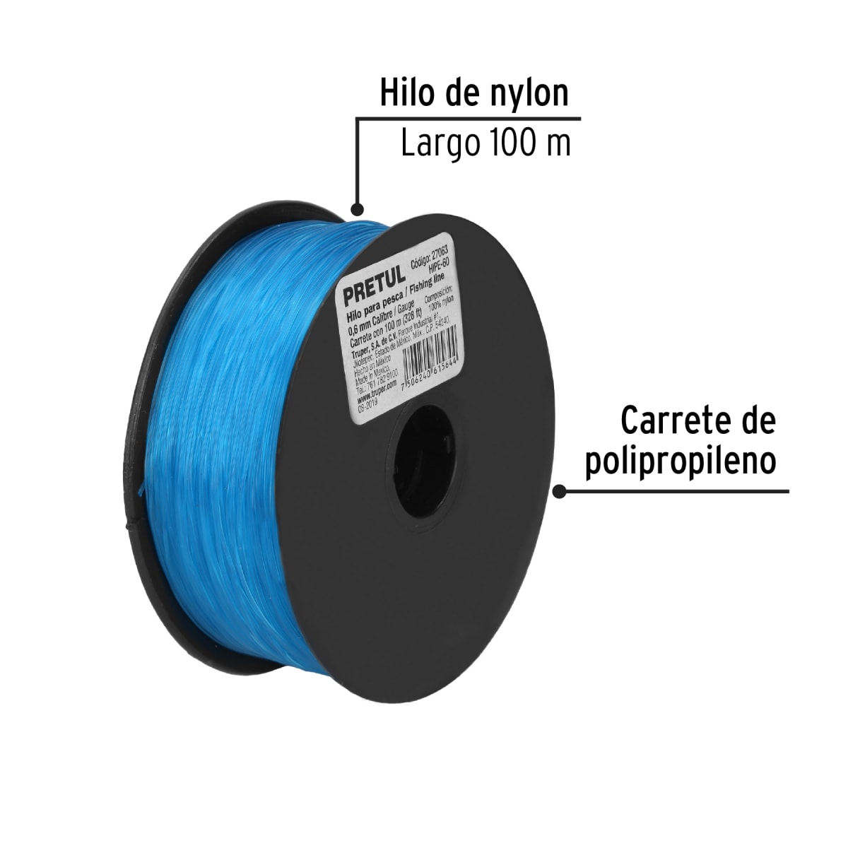 Carrete con 100 m de hilo para pesca azul calibre 0.60 mm Pretul2