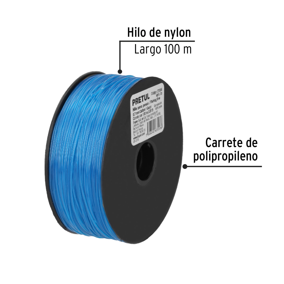 Carrete con 100 m de hilo para pesca azul calibre 0.70 mm Pretul2