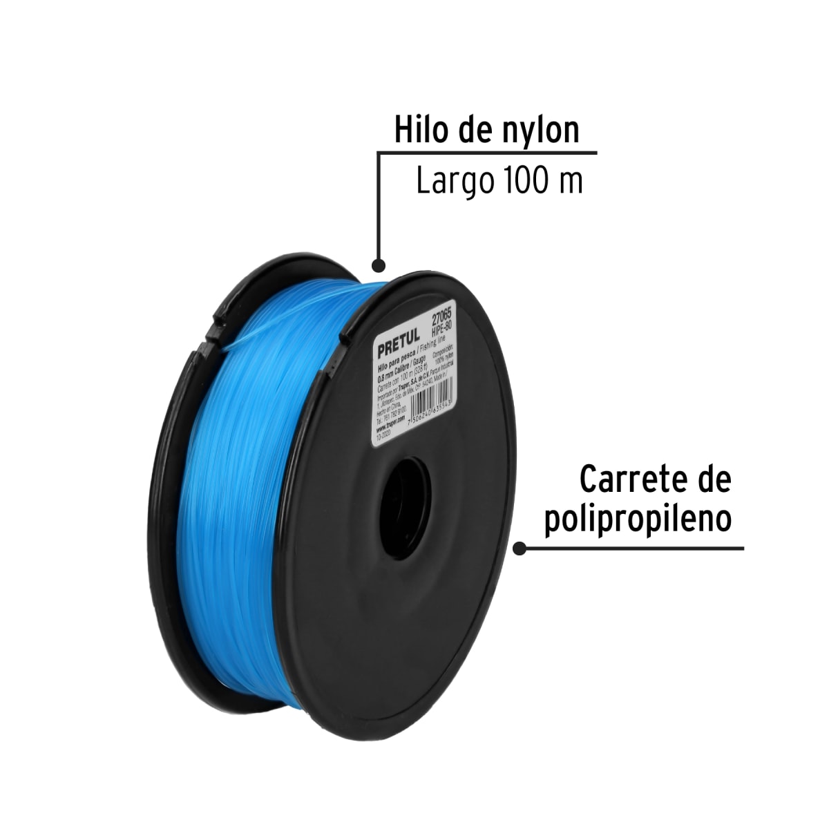 Carrete con 100 m de hilo para pesca azul calibre 0.80 mm Pretul2