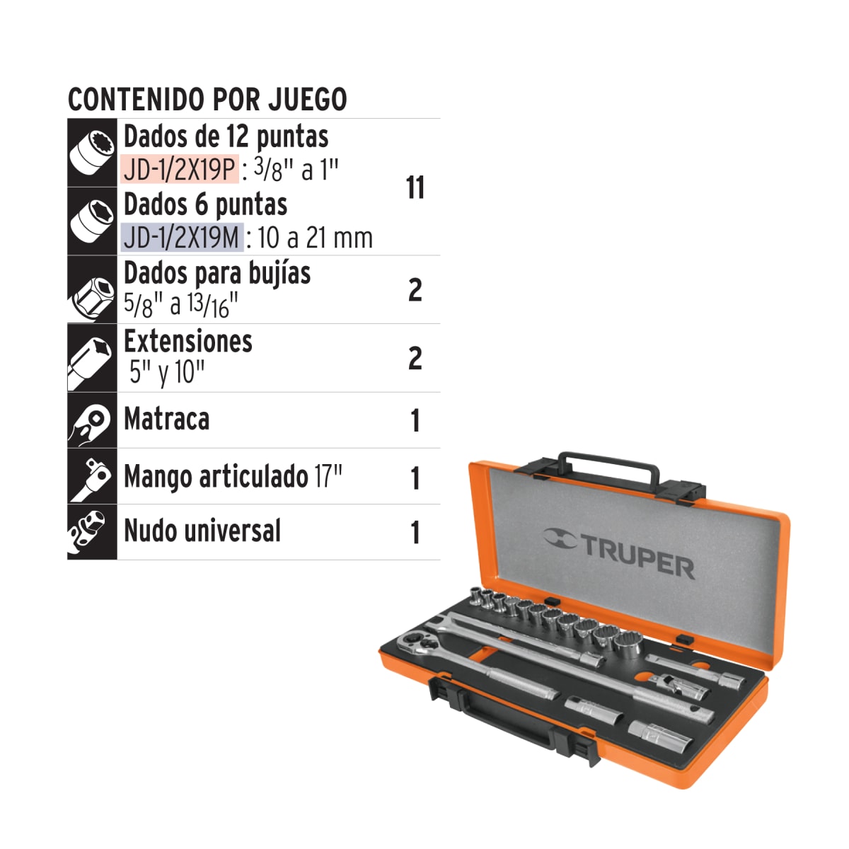 Juego de 18 herramientas cuadro 1/2´´ mm para mecánico Truper2
