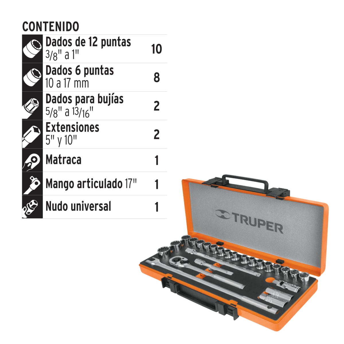 Juego de 25 herramientas cuadro 1/2'' std y mm para mecánico Truper4