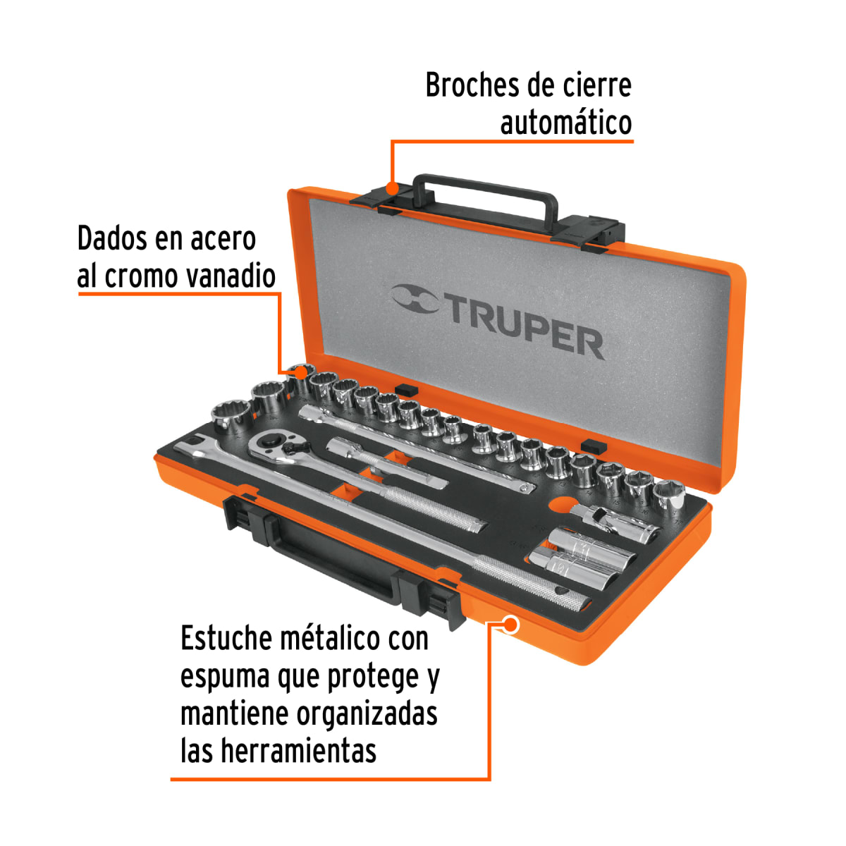 Juego de 25 herramientas cuadro 1/2'' std y mm para mecánico Truper3