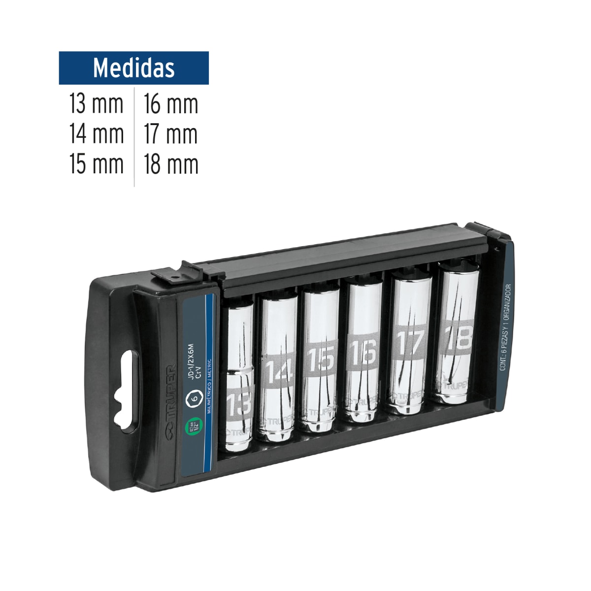 Juego de 6 dados tubulares hexagonales encastre 1/2´´ mm, Truper3