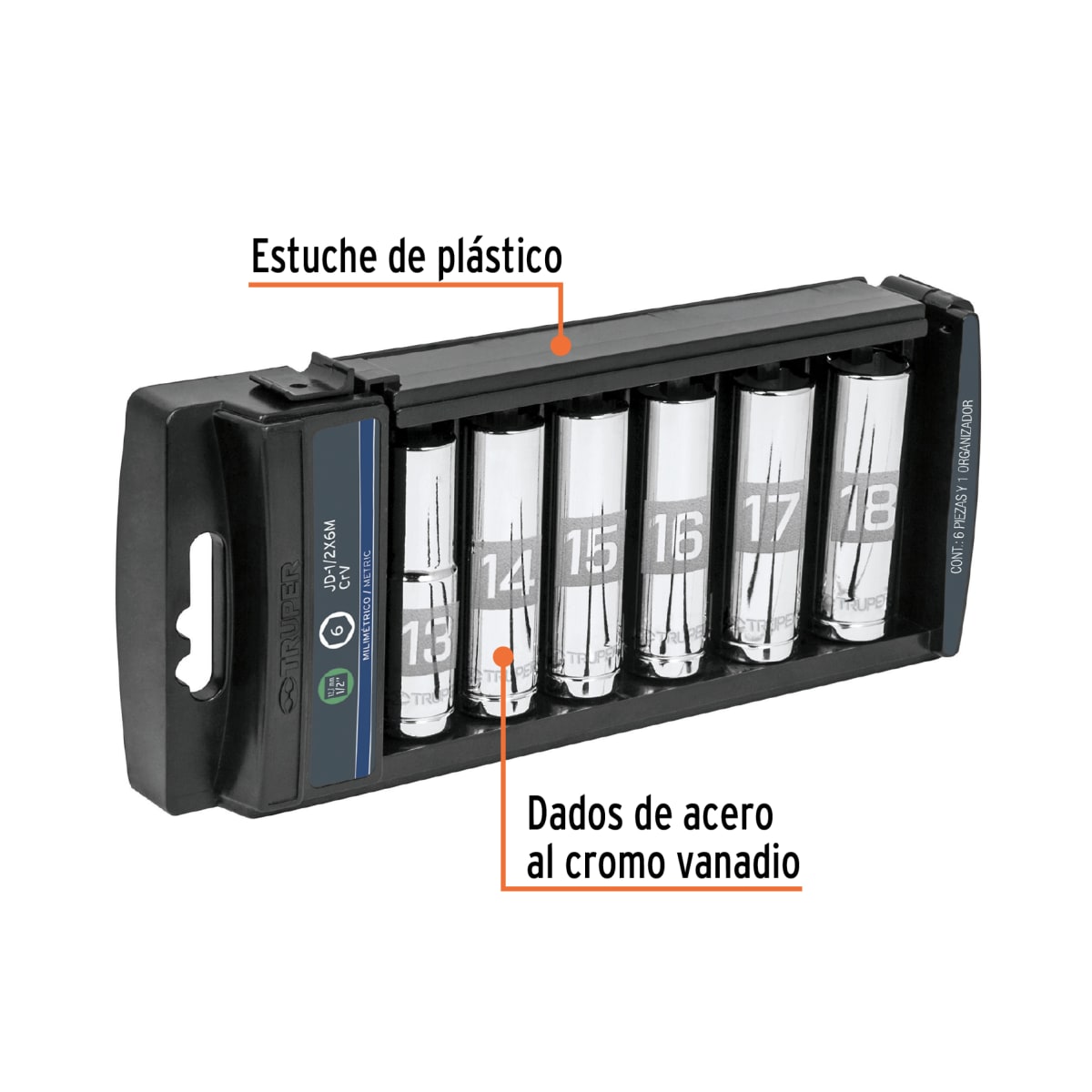Juego de 6 dados tubulares hexagonales encastre 1/2´´ mm, Truper2