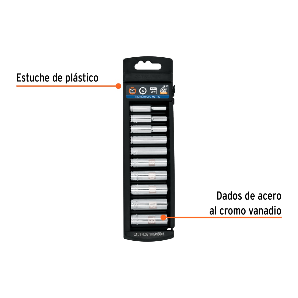 Juego de 10 dados tubulares hexagonales encastre 1/4´´ mm, Truper2