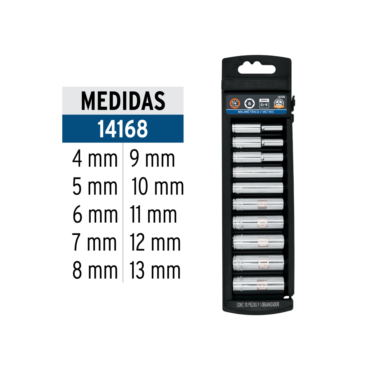 Juego de 10 dados tubulares hexagonales encastre 1/4´´ mm, Truper3