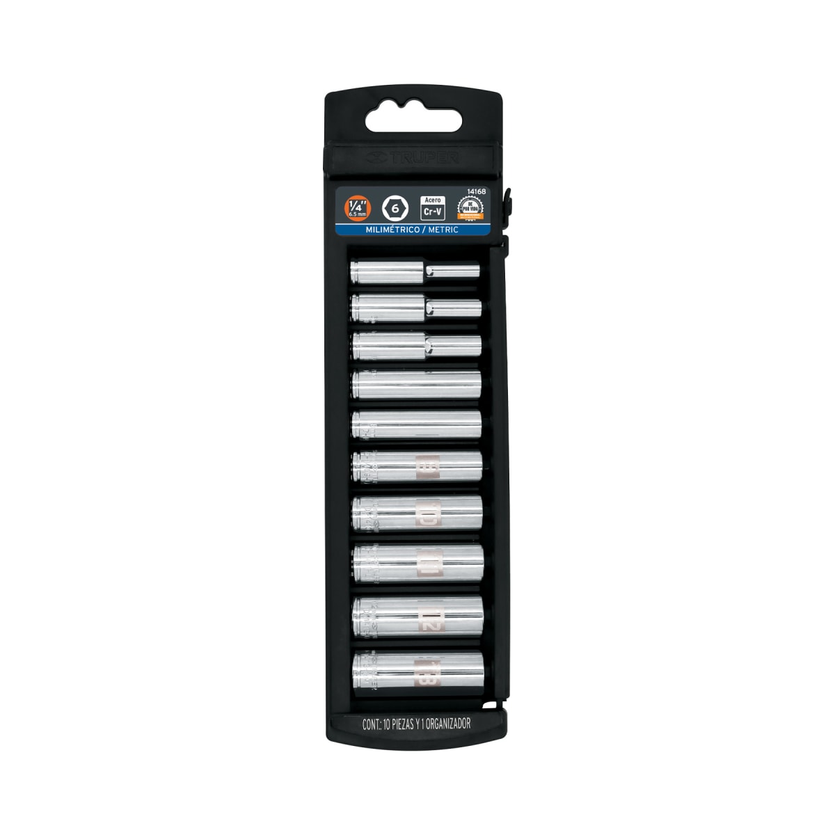Juego de 10 dados tubulares hexagonales encastre 1/4´´ mm, Truper1