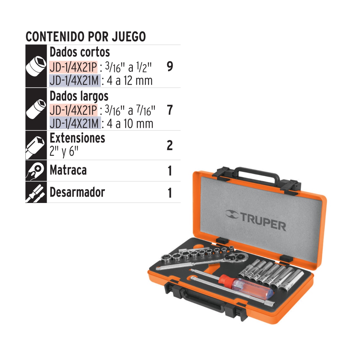 Juego de 20 herramientas mixtas encastre 1/4