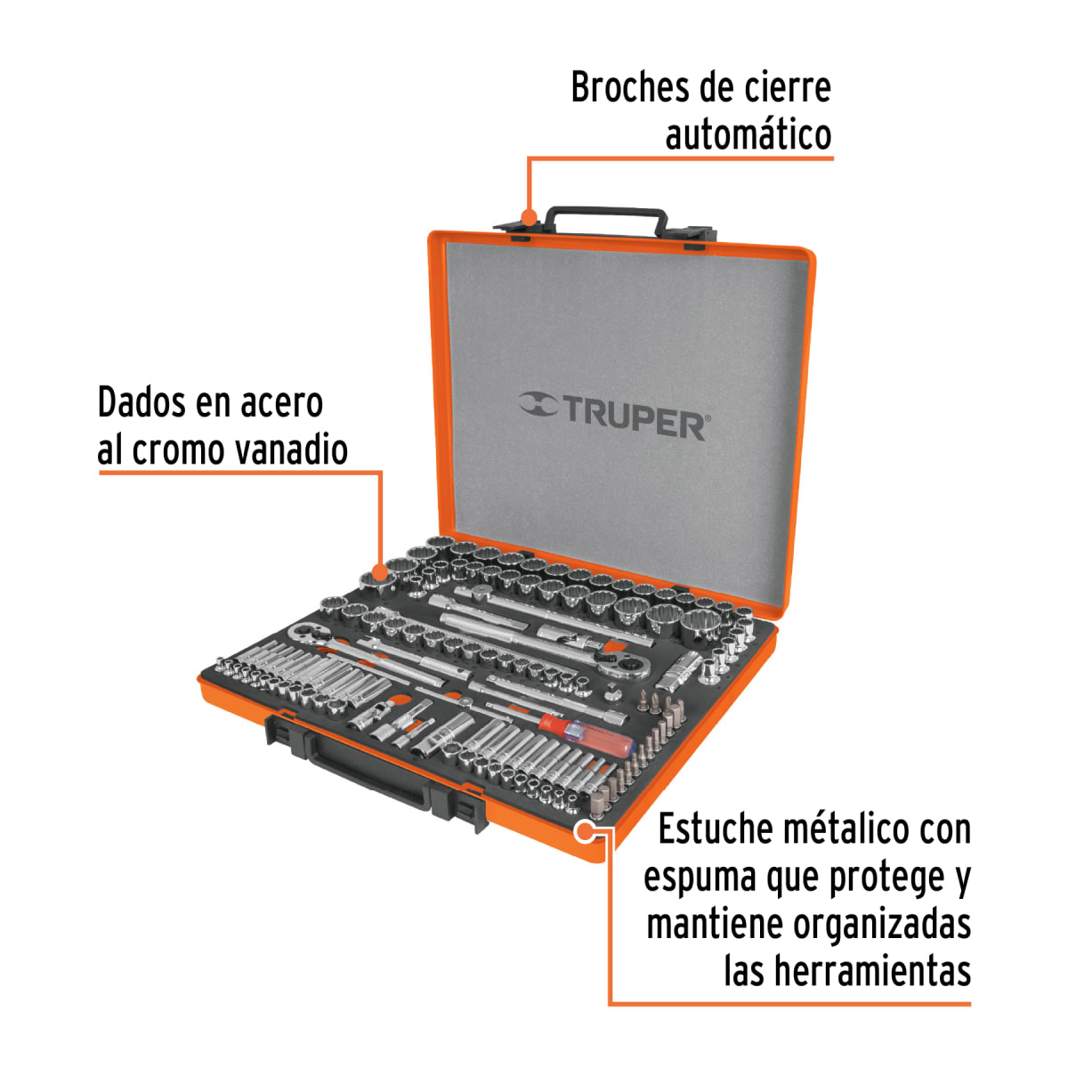 Juego 135 herramientas 1/4'', 3/8'' y 1/2'' std y mm p/mecánico Truper3