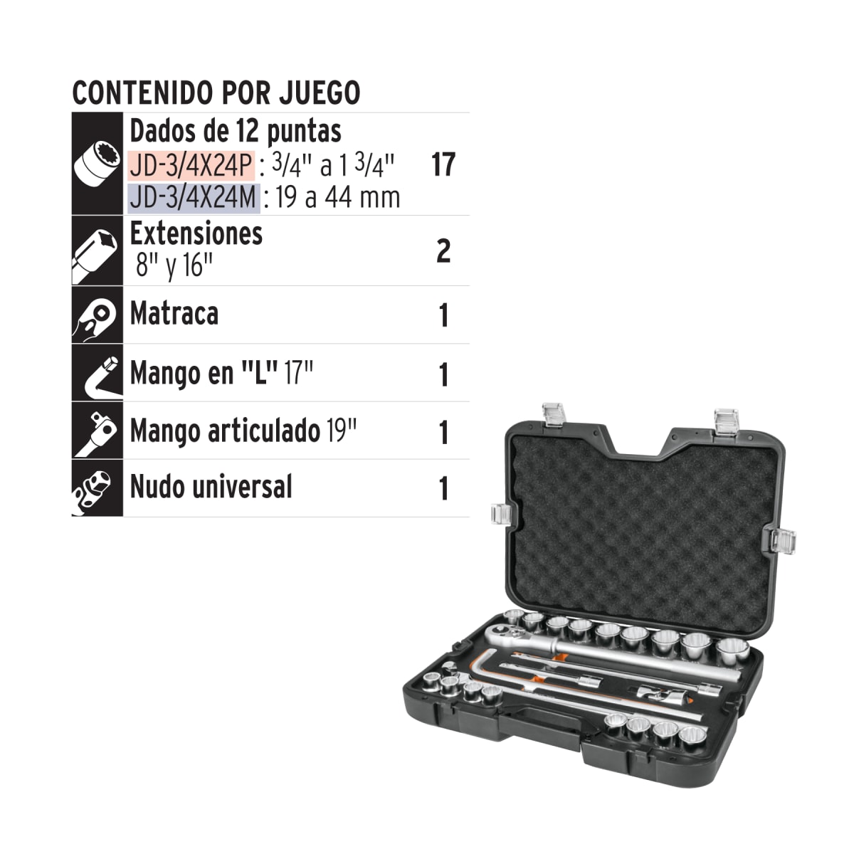 Juego de 23 herramientas cuadro 3/4'' std para mecánico  Truper2