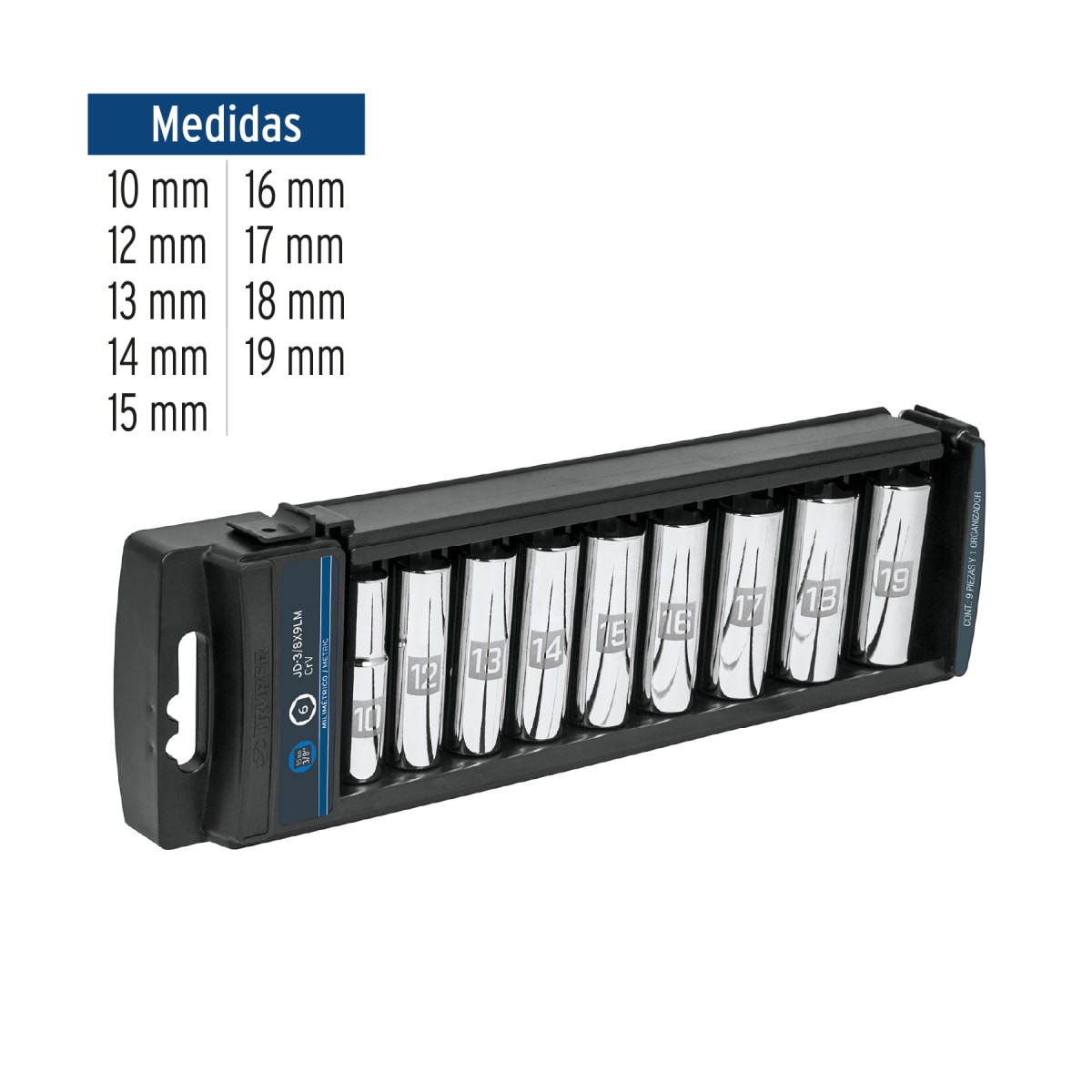 Juego de 9 dados tubulares hexagonales encastre 3/8'' mm. truper3