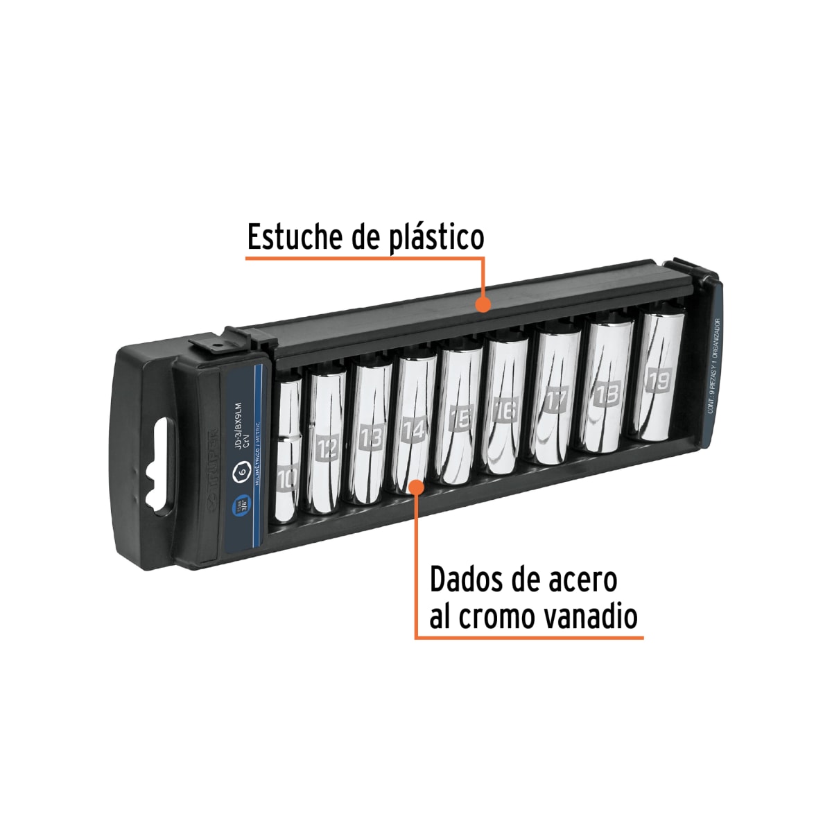 Juego de 9 dados tubulares hexagonales encastre 3/8'' mm. truper2