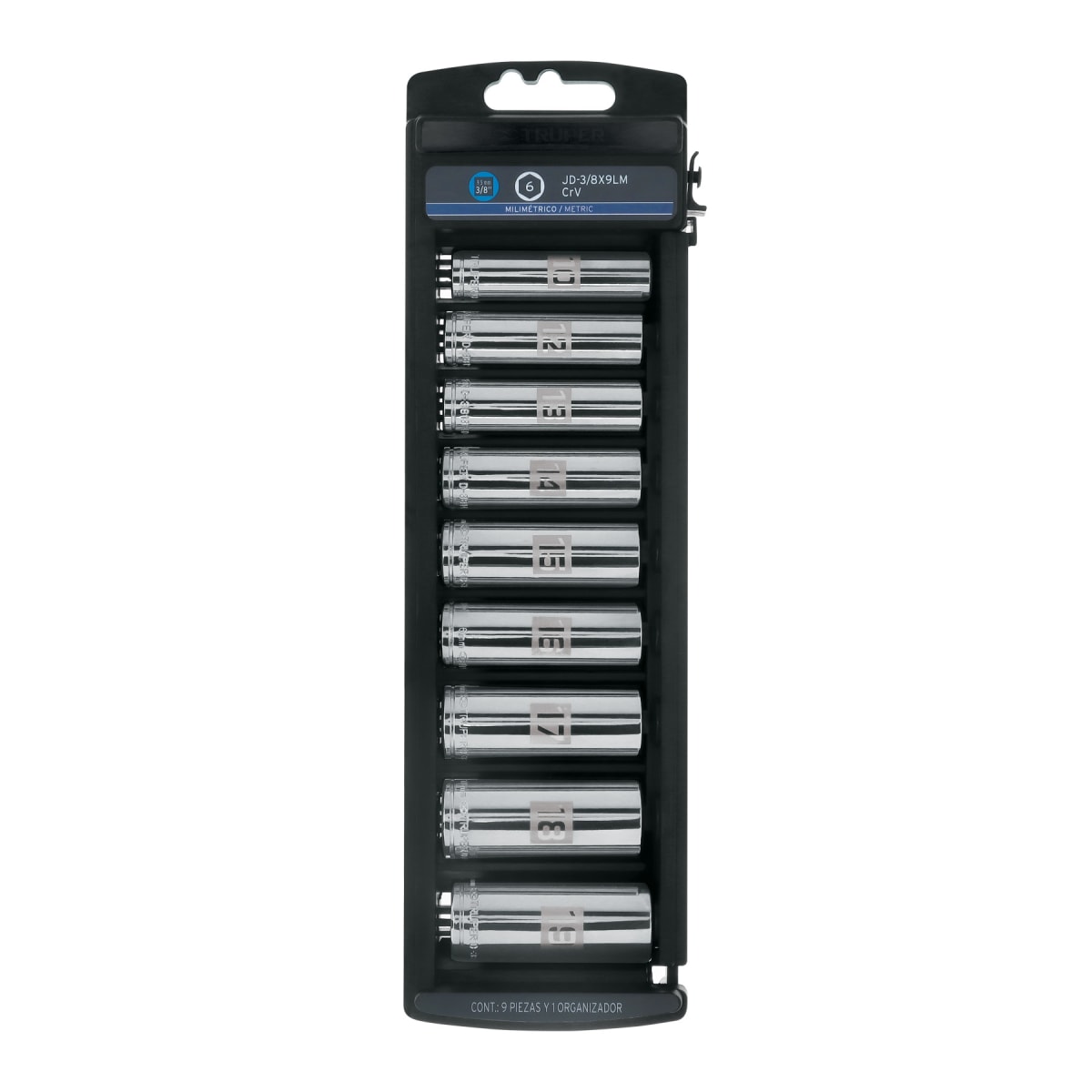 Juego de 9 dados tubulares hexagonales encastre 3/8'' mm. truper1