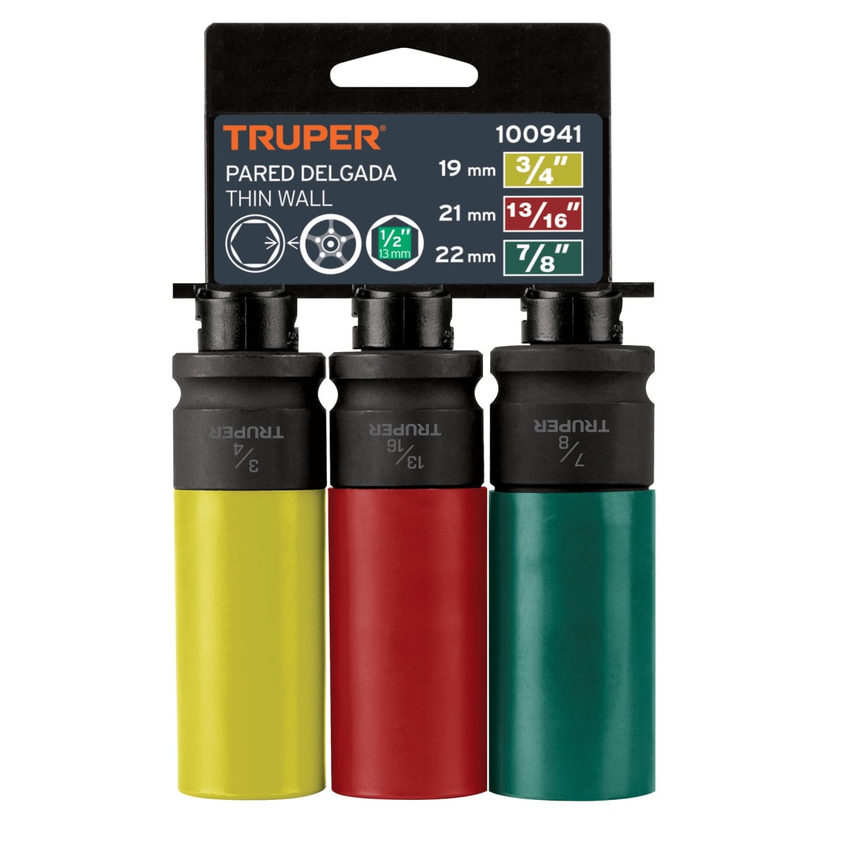 Juego 3 dados largos 1/2´´ impacto protección plástica 6p std Truper6