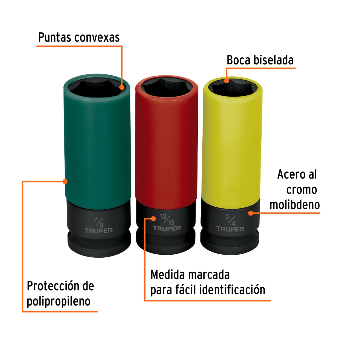 Juego 3 dados largos 1/2´´ impacto protección plástica 6p std Truper2