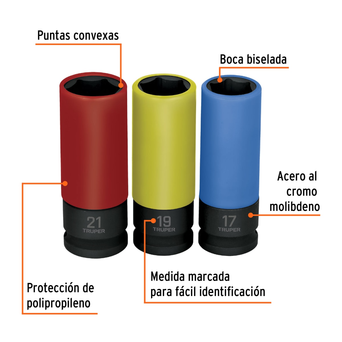 Juego 3 dados largos 1/2´´ impacto protección plástica 6p mm Truper2