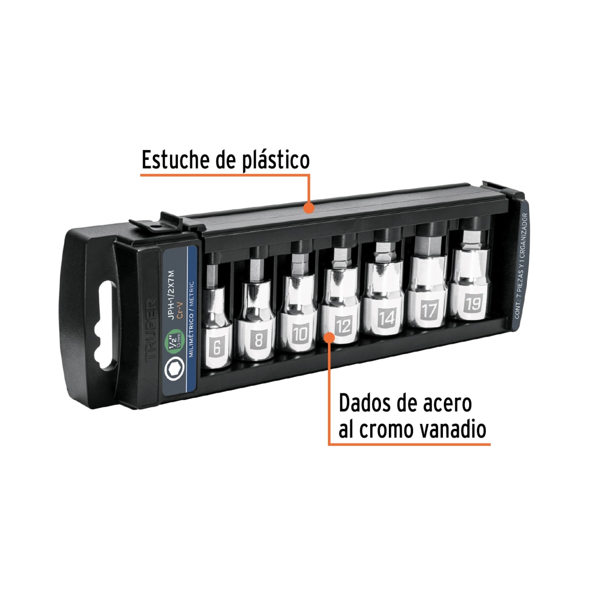 Juego de 7 dados cuadro 1/2´´ punta hexagonal mm, Truper2