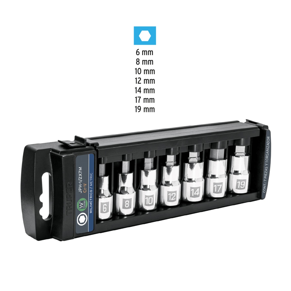 Juego de 7 dados cuadro 1/2´´ punta hexagonal mm, Truper4