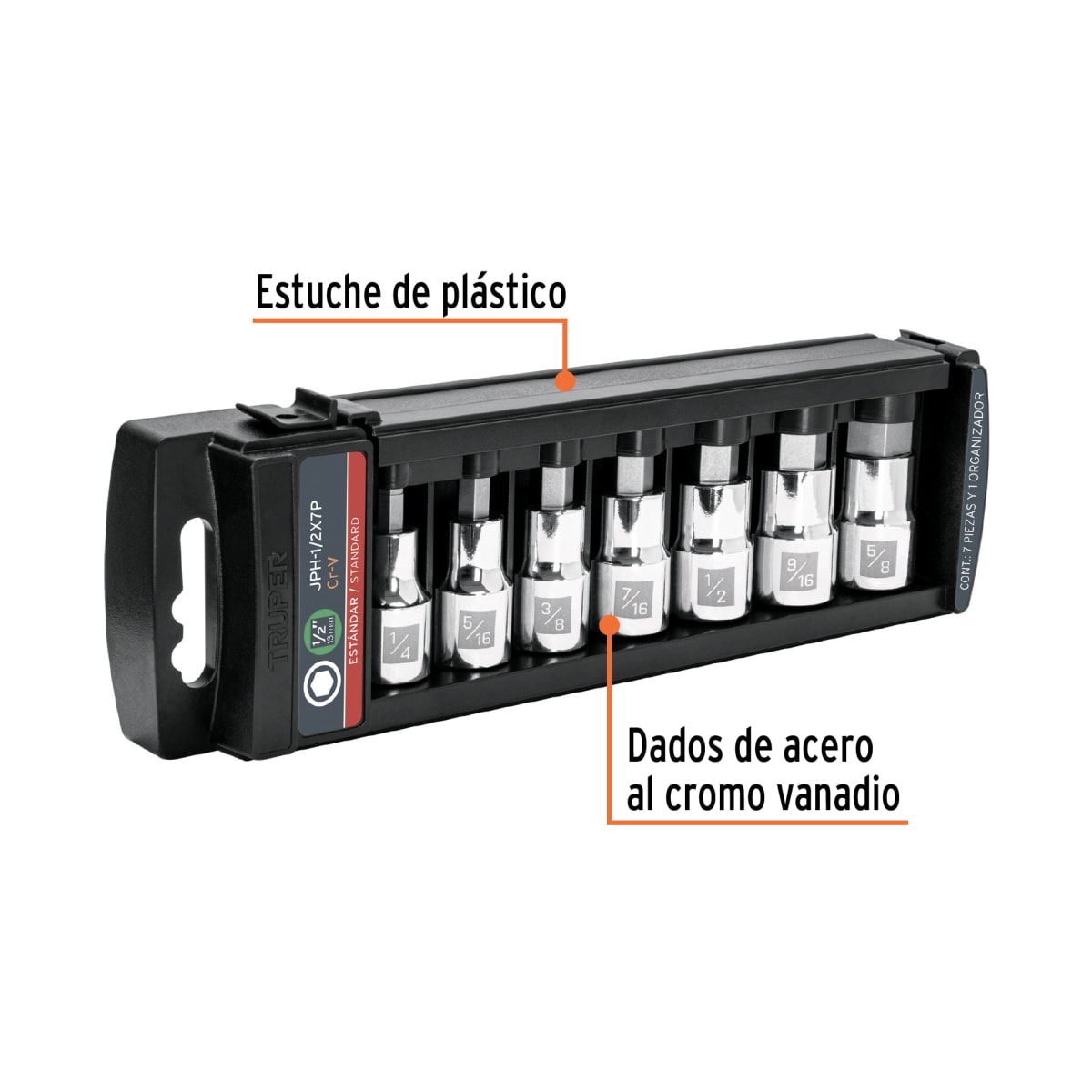 Juego de 7 dados cuadro 1/2´´ punta hexagonal std, Truper2