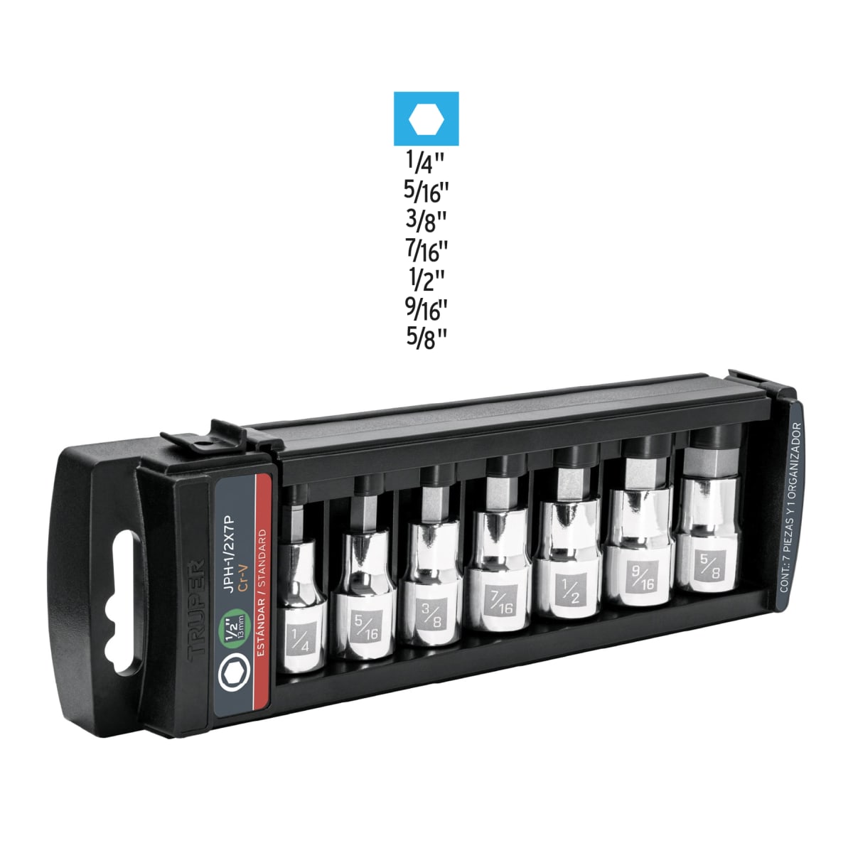 Juego de 7 dados cuadro 1/2´´ punta hexagonal std, Truper4