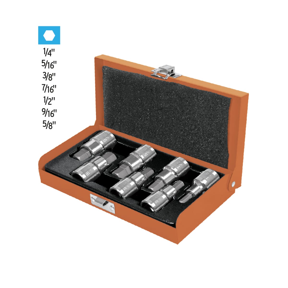 Juego de 7 dados punta hex encastre 1/2'' std estuche metálico Truper4